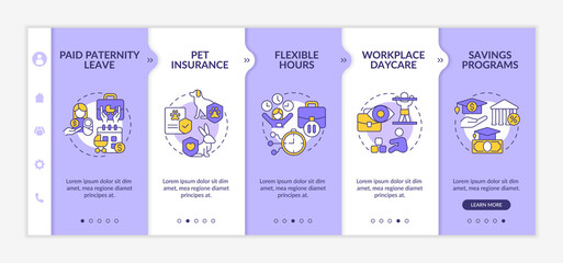 Perks for employees with family onboarding template. Saving programs. Responsive mobile website with linear concept icons. Web page walkthrough 5 step screens. Lato-Bold, Regular fonts used
