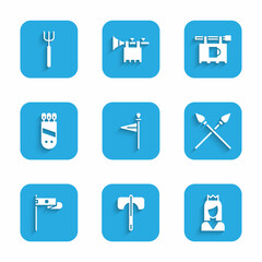 Set Medieval flag, axe, Princess, Crossed medieval spears, Quiver with arrows, Street signboard Bar and Garden pitchfork icon. Vector