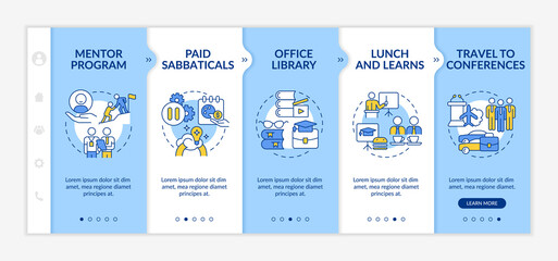 Staff development perks onboarding template. Travel to conferences. Responsive mobile website with linear concept icons. Web page walkthrough 5 step screens. Lato-Bold, Regular fonts used - obrazy, fototapety, plakaty