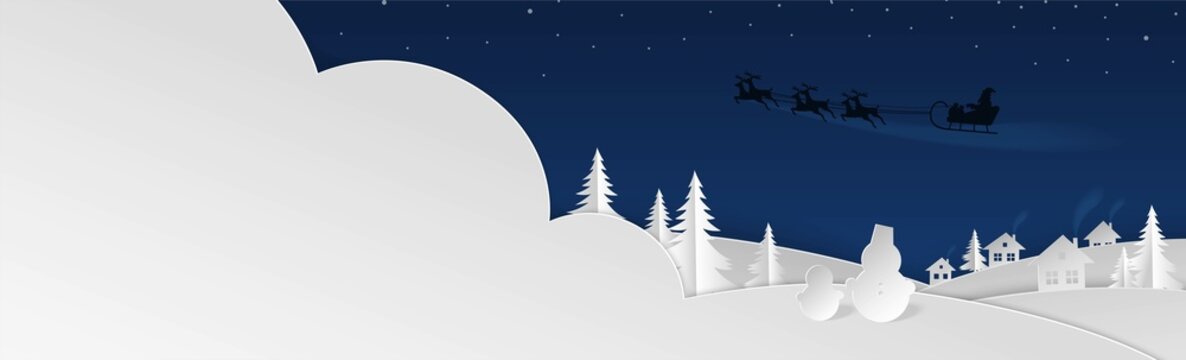 Merry Christmas and Happy New Year background. Illustration of snowman, winter and Santa Claus on the sky. Digital craft style. © olhatszrv