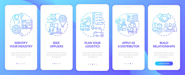 Steps to successful distribution onboarding mobile app page screen. Startup walkthrough 5 steps graphic instructions with concepts. UI, UX, GUI vector template with linear color illustrations