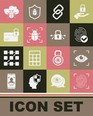 Set Fingerprint, Eye scan, Chain link, System bug, Credit card with lock, on cloud and Cyber security icon. Vector