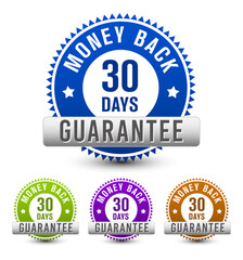 30 days money-back guarantee badge with four color options isolated on white background. vector design. 
