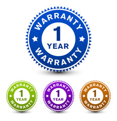 Four color 1-year warranty badge, sign, icon, symbol isolated on white background. vector design. 
