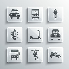 Set Scooter, Minibus, Car, Bus, Traffic light, Police car and flasher and Rocket ship with fire icon. Vector