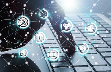 Businessman using a computer for analysis environmental social governance business strategy...