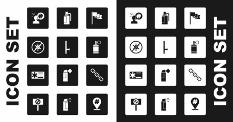 Set Location marker, Police rubber baton, Protest, Hand grenade, Chain link and badge icon. Vector