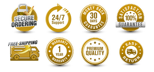 Ecommerce golden-colored security badges of secure ordering, 24 hours support, 30 days money-back guarantee, and other icons isolated on white background. 
