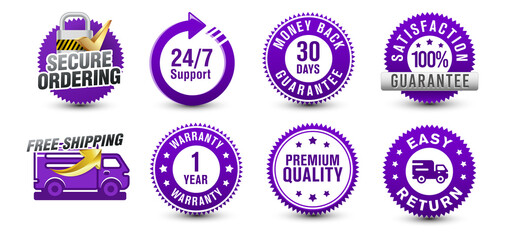 Ecommerce purple-colored security badge, risk-free, satisfaction guarantee shopping experience icon badge collection isolated on white background. vector design. 
