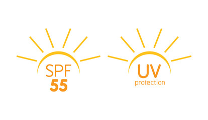 Icons for sunscreen products. Set of flat SPF sun protection icons isolated on white background. spf 30, 50, sun, UV protection, vector illustration