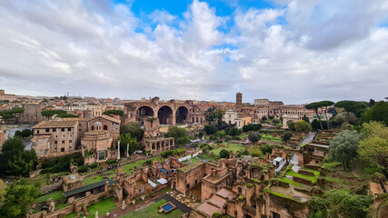 Fototapeta na wymiar Ancient Roman Forum with beautiful contrast colors after rain