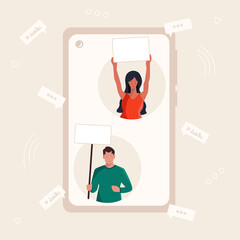 Group of people protesters of different nationalities with placards in hands in smartphone in flat style vector illustration