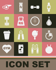 Set Kettlebell, Stopwatch, Punching bag, Dumbbell, Weight, Whistle and plate icon. Vector