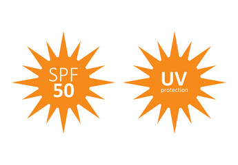 Icons for sunscreen products. Set of flat SPF sun protection icons isolated on white background. spf 30, 50, sun, UV protection, vector illustration