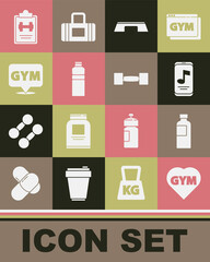 Set Fitness gym heart, shaker, Music player, Step platform, Location, Sport training program and Dumbbell icon. Vector