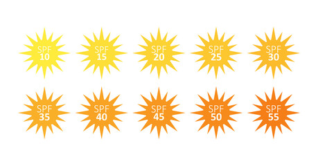 Icons for sunscreen products. Set of flat SPF sun protection icons isolated on white background. spf 30, 50, sun, UV protection, vector illustration