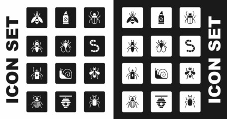Set Stink bug, Insect fly, Ant, Bee, Worm, Spray against insects, and Beetle icon. Vector