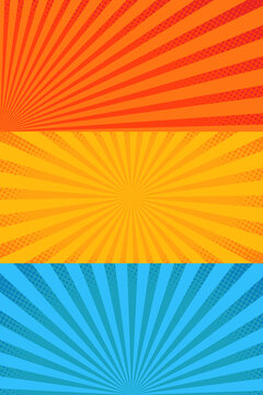 Vector set of comic retro backgrounds. Sun burst, rays, pop art style.