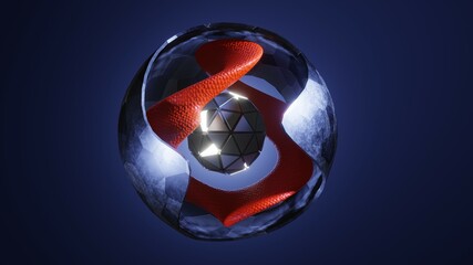3D Render. Sci-fi object with energy at center. Rotation metal sphere with chaotic structure