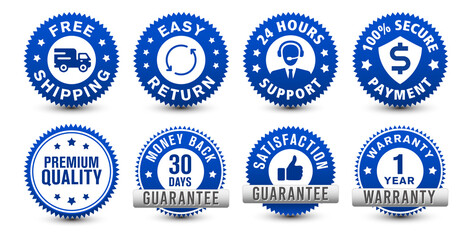 Money back, warranty, 24-hour support, etc. different types of online e-commerce security sky blue badges isolated on white background. 
