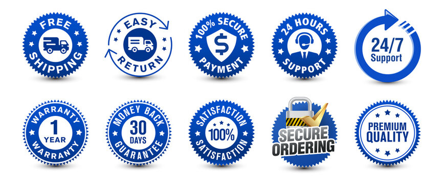 Free shipping, easy return, customer support along with various important blue colored badges isolated on white background for e-commerce and online shipping experience. vector design.  
