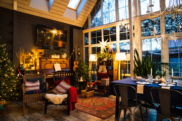 interior in vintage style with retro furniture, piano and garlands in evening. 