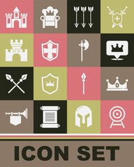 Set Target with arrow, King crown, Location king, Crossed arrows, Shield, Castle, fortress, and Medieval axe icon. Vector