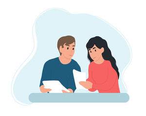 Fototapeta premium A man and a woman are reading a document at the table, looking at the documents. The couple pays their bills. A man and a woman are reading a letter. Flat vector illustration