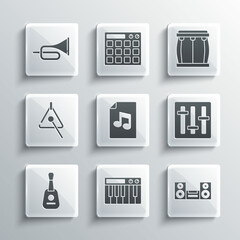 Set Music synthesizer, Home stereo, Sound mixer controller, book with note, Guitar, Triangle, Trumpet and Drum icon. Vector