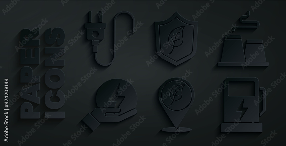 Wall mural Set Location with leaf, Factory, Lightning bolt, Electric car charging station, Shield and plug icon. Vector