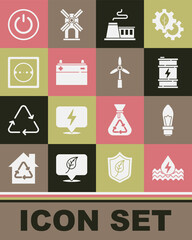 Set Water energy, Light bulb, Bio fuel barrel, Factory, Car battery, Electrical outlet, Power button and Wind turbine icon. Vector
