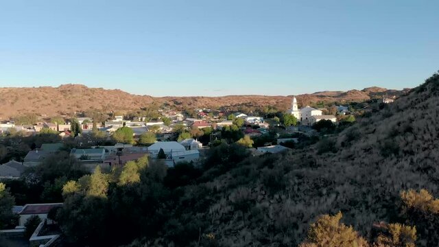 aerial reveal shot of a town colesberg in south africa