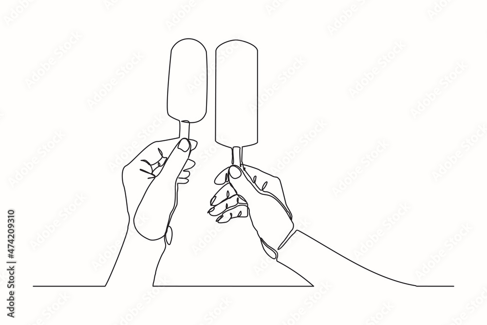 Wall mural Continuous line drawing of two hands hold and cheers fresh ice cream stick. Single one line art of hand holding delicious sweet and juicy cool ice cream cafe meal menu. Vector illustration