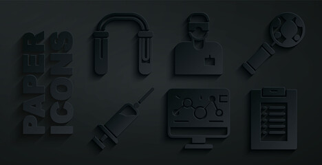 Set Genetic engineering modification, DNA research, search, Syringe, Clinical record, Laboratory assistant and Test tube and flask icon. Vector