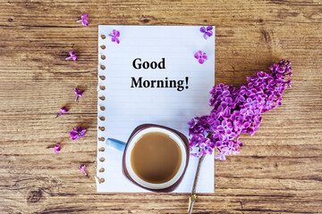 Cup of Coffee for  Good Morning and Purple Lilac .Top view 