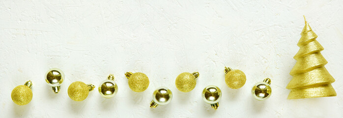  Christmas banner with golden balls and christmas tree, copy space, panorama, header, headline