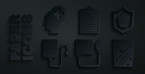 Set Blood pressure, Grandmother, IV bag, False jaw in glass, Medical prescription and Male head with hospital icon. Vector