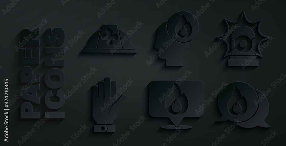 Poster Set Location with fire flame, Flasher siren, Firefighter gloves, Telephone call 911, and helmet icon. Vector