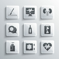 Set Medical symbol of the Emergency, Heart rate, X-ray shots, Ointment cream tube medicine, Hand sanitizer bottle, Dialogue with doctor, surgery scalpel and Human kidneys icon. Vector