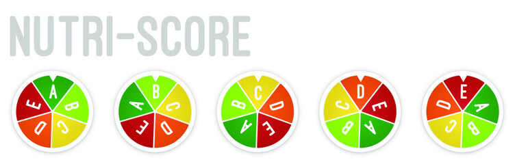Nutri-score icons set. Isolatad Nutriscore stickers for packaging on white background. Food rating system signs : A, B, C, D, E. Vector illustration