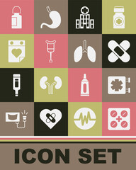 Set Pills in blister pack, Medical symbol of the Emergency, Crossed bandage plaster, hospital building, Crutch or crutches, Doctor appointment, Eye drop bottle and Lungs icon. Vector