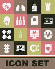 Set Doctor appointment, Heart rate, Monitor with cardiogram, Hand sanitizer bottle, Medical vial, ampoule, Sore throat, Healed broken heart and Clinical record icon. Vector