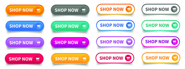 Shop now colourful set button. Buy now modern collection for web site. Vector illustration.