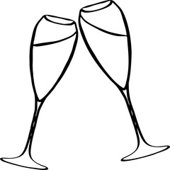 Two glasses of champagne or wine . Illustration of a doodle.