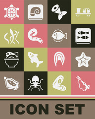 Set Fishing harpoon, Starfish, Canned, tail, Octopus of tentacle, Seaweed, Turtle and icon. Vector