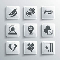Set Casino slot machine with clover, Deck of playing cards, Game dice, Diamond, Lottery, watermelon and chips icon. Vector