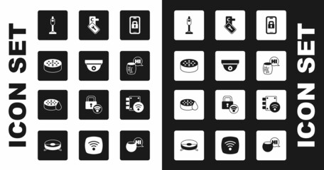 Set Digital door lock, Motion sensor, Water, Vacuum cleaner, Voice assistant, and icon. Vector