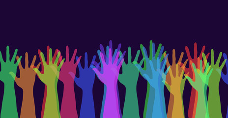 Fototapeta premium Colorful rising hands banner. Group of People's Hand raised Up. People Opinion and Social communication concept. Copy space