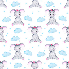 Seamless watercolor pattern of baby elephant and clouds. Ideal for printing on fabric