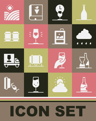 Set Bottle of wine, Cloud with rain, Wine time, glass, Wooden barrel for, Vineyard grapes and Cardboard box icon. Vector